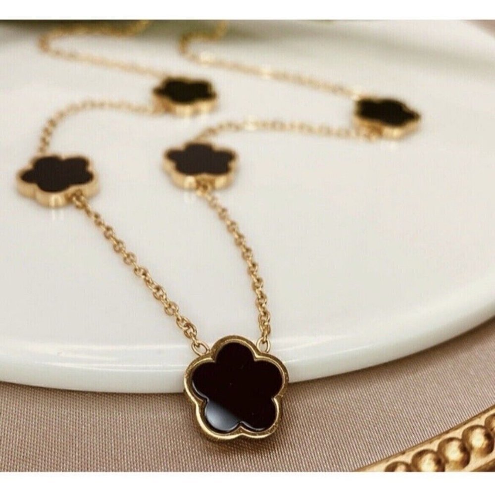 18K Gold Plated Clover Necklace BLACK stainless Steel jewelry Unisex Womens